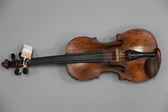 A violin with one piece back, bearing label for Franciscus Gobetti Veneliis 1703, overall 23in., cased